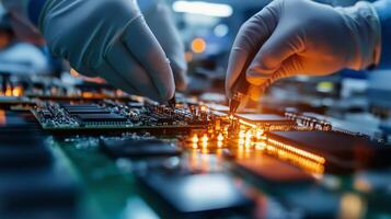 Expert technician assembling a circuit board in a high-tech laboratory during an evening shift photo