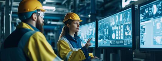 Workers analyze data on screens in a high-tech industrial facility during a daytime shift photo