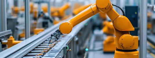 Robotic arm performing assembly tasks in a modern automated factory during daylight hours photo