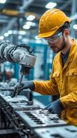 Worker operating robotic arm in a manufacturing facility during the day to assemble mechanical components photo