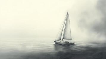 A solitary sailboat gliding through a foggy sea at dawn in a serene and tranquil atmosphere photo