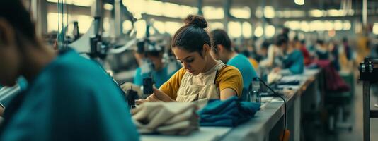 Women working diligently in a large textile factory during the day, focused on assembling garments and fabric products photo