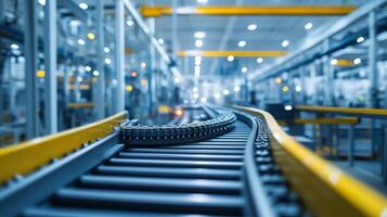 A close-up view of a modern factory conveyor belt system in operation, showcasing efficiency in manufacturing during daytime hours photo