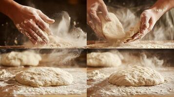 Hands mixing and kneading dough on a wooden surface in a warm kitchen setting with flour dusting the air during a baking session photo