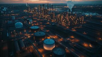 Aerial view of an industrial refinery at dusk with illuminated structures and smokestacks emitting vapor clouds photo