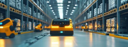 Automated vehicles navigate a bustling warehouse during daylight, enhancing logistics and efficiency in operations photo