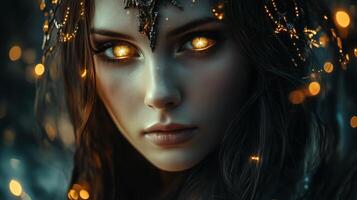 A mystical young woman with glowing golden eyes and intricate adornments surrounded by soft lights in an enchanted forest setting photo
