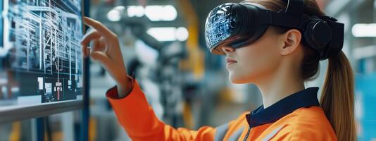 A worker in an industrial setting engages with virtual reality technology while wearing a headset to enhance operations and training photo