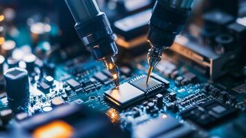 Technician working on a circuit board with precision tools under workshop lighting in a technology lab setting photo