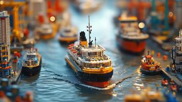 A detailed miniature harbor featuring a tugboat navigating through the bustling waterway surrounded by cargo ships and cranes photo