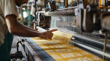 Worker operating a textile weaving machine in a busy factory during daylight hours photo