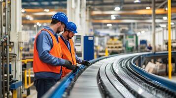 Workers inspecting a conveyor belt in a modern manufacturing facility during daylight hours photo