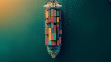 Aerial view of a cargo ship loaded with colorful containers navigating through tranquil waters at sunset photo