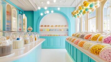 Brightly colored candy store interior with a variety of sweets on display during daytime showcasing vibrant decor and inviting atmosphere photo