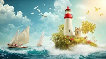 A serene coastal landscape with a lighthouse, sailboats, and a vibrant island under a bright sky photo