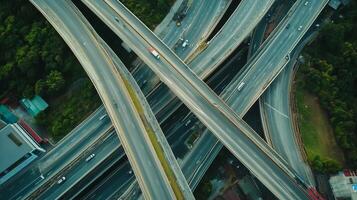 Aerial view of a complex highway interchange surrounded by greenery in a bustling urban area during daylight photo