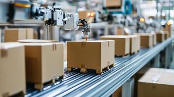 Automated robotic arm sorting cardboard boxes on a conveyor belt in an industrial warehouse during daytime operations photo