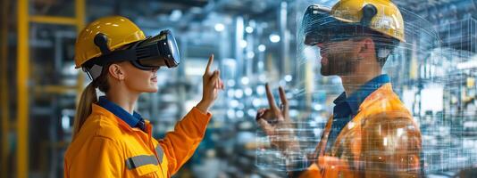 Workers engage in virtual reality training while wearing headsets at a high-tech manufacturing facility during the day photo
