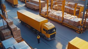 A truck loading packages in a busy shipping yard during daylight hours with stacks of containers in the background photo