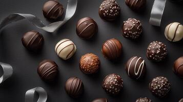 A delightful assortment of chocolate truffles arranged elegantly on a dark surface with decorative ribbons during a festive celebration photo