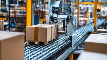 Automated packaging process in a modern warehouse showcasing sorting and transportation of goods during daylight hours photo