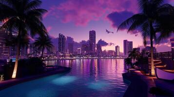 A stunning sunset view over a vibrant city skyline with palm trees along the water in Miami, showcasing evening lights and reflections photo