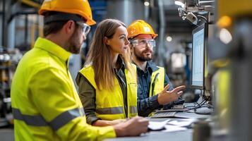 Team of engineers discussing project data in an industrial facility while reviewing digital displays during the day photo