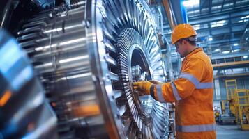 A technician inspects a large turbine engine in a manufacturing facility during the daytime photo