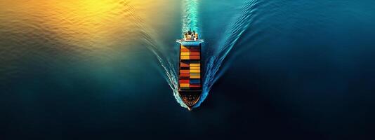 A large cargo ship navigating through calm blue waters during sunset, showcasing colorful shipping containers on its deck photo