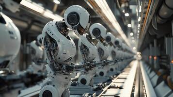 Robots assembling components in a high-tech factory environment during the morning shift photo