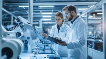 Scientists collaborate on advanced robotics in a technology lab, showcasing innovative research in automation at a modern facility photo