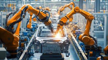 Robotic arms welding car frames in an automated manufacturing facility during the assembly process photo