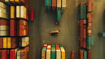 Aerial view of a busy shipping yard with colorful containers and cargo vehicles in operation during daylight hours photo