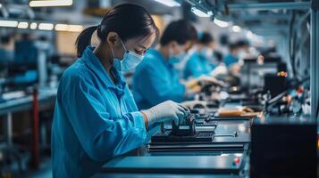 Workers assemble electronic components in a manufacturing facility during the day while wearing protective gear and masks photo