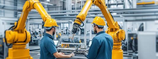 Automation in action. Engineers monitor robotic arms in a modern manufacturing facility photo