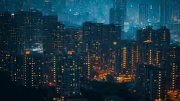 Night view of a bustling city skyline filled with illuminated apartment buildings and a misty atmosphere during evening hours photo