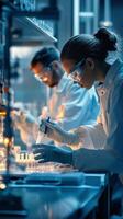 Scientists conduct experiments with test tubes and pipettes in a laboratory at night, focused on research and analysis photo