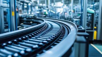 Curved conveyor belt transporting goods in a modern factory setting during daytime operations photo