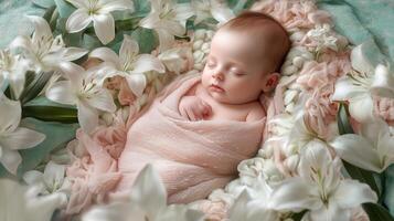 A peaceful newborn wrapped in a soft blanket surrounded by white lilies in a serene setting photo