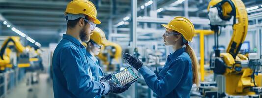 Engineers collaborating on robotics assembly line in a modern manufacturing facility, showcasing innovation in automation technology photo