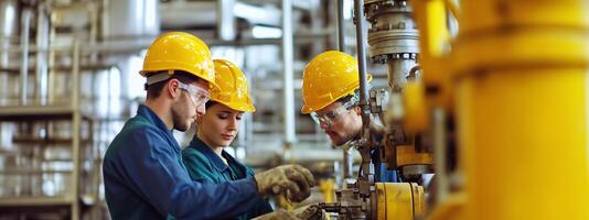 Three workers in safety helmets inspect machinery in an industrial facility during the daytime, focusing on maintenance and operations photo