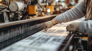 Worker operating machinery in a textile factory during daylight, focusing on the production process with precision and care photo