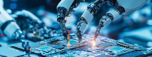 Robots assembling electronic components on a circuit board in a high-tech manufacturing facility photo