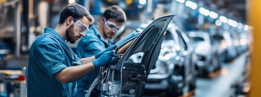 Workers assembling vehicle parts on a production line in an automotive factory during daylight hours photo