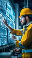 Engineer in a hard hat analyzing data on multiple screens in a high-tech control room during daytime operations photo
