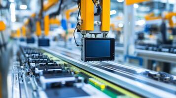 Automated assembly line with robotic arms working on electronic devices in a manufacturing facility photo