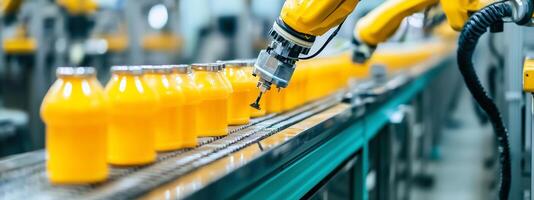 Automated robotic arm assembling yellow jars on a production line in a food processing facility photo