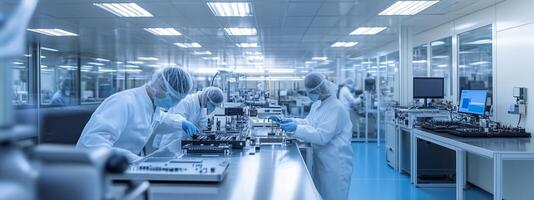 Cleanroom laboratory with scientists assembling electronic components in protective gear during daytime work hours photo