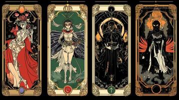 Artistic depiction of four tarot cards featuring mystical characters in a dark color palette with intricate designs and symbolic elements photo