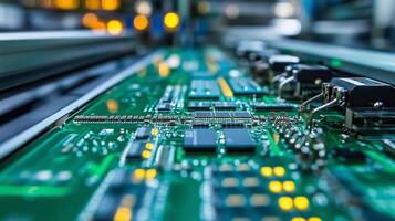 Detailed view of a circuit board with components on a production line inside a technology manufacturing facility photo